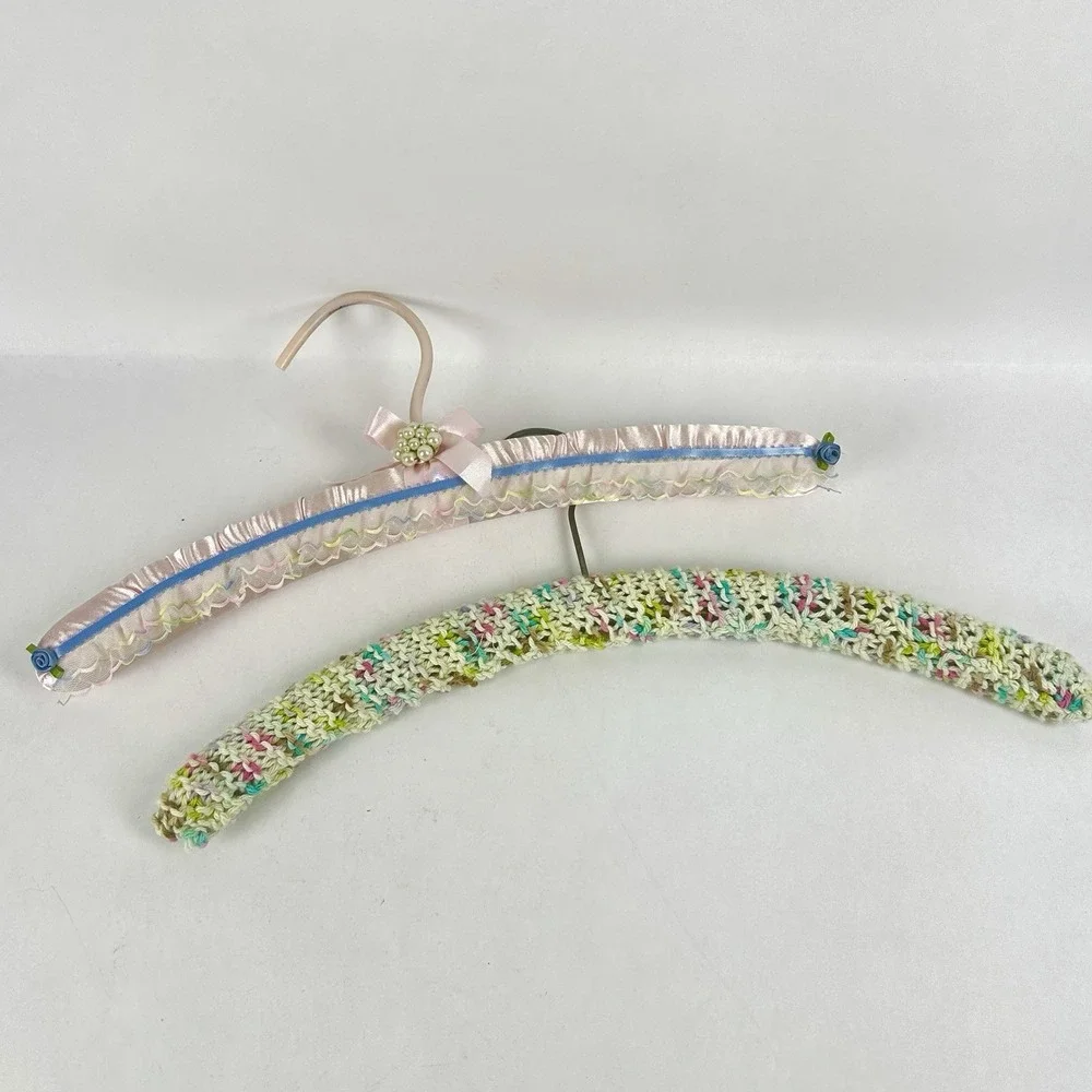 Vintage Yarn Covered Crocheted  And Satin W/ Lace Clothes Hangers